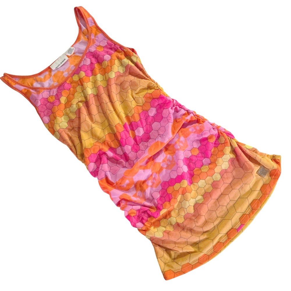 DKNY Jeans Mini Dress Pink Orange Hexagon Sleeveless Ruched Bodycon S